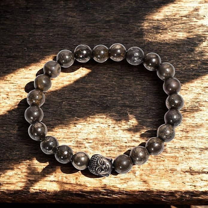 Natural Pyrite Buddha Charm 8mm Adjustable Healing Crystal Bracelet