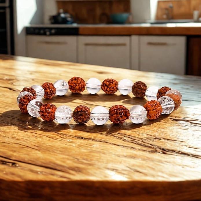 Natural 5 Mukhi Rudraksha & Quartz Adjustable Healing Bracelet