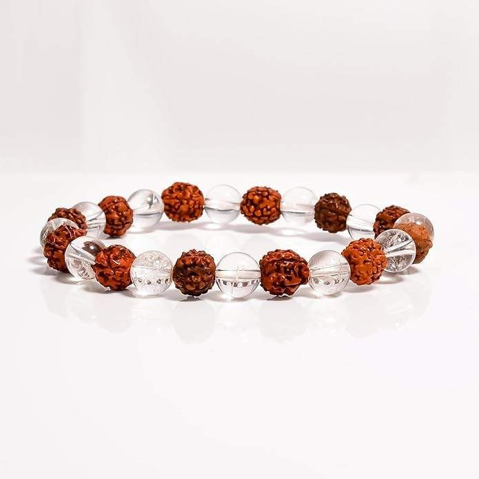 Natural 5 Mukhi Rudraksha & Quartz Adjustable Healing Bracelet