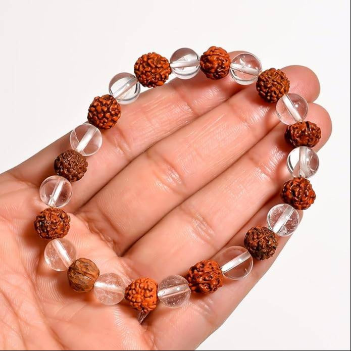 Natural 5 Mukhi Rudraksha & Quartz Adjustable Healing Bracelet