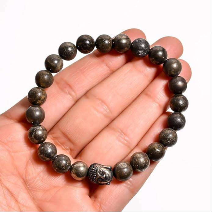 Natural Pyrite Buddha Charm 8mm Adjustable Healing Crystal Bracelet