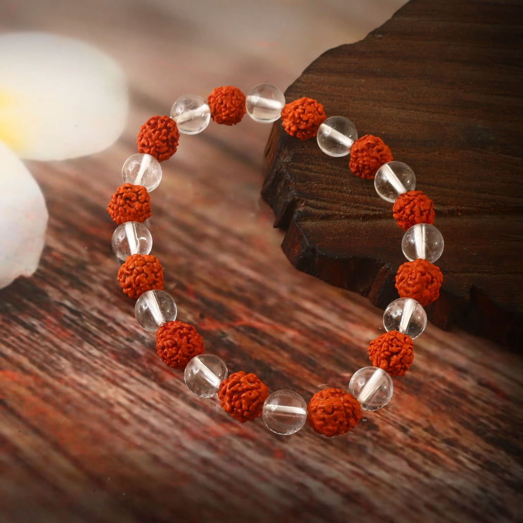 Natural 5 Mukhi Rudraksha & Quartz Adjustable Healing Bracelet