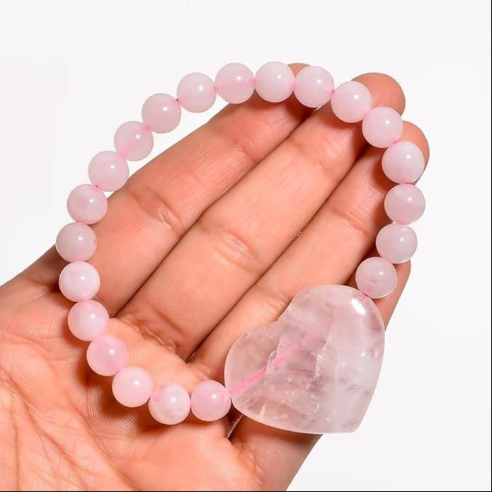 Natural Heart Rose Quartz 8mm Adjustable Healing Crystal Bracelet