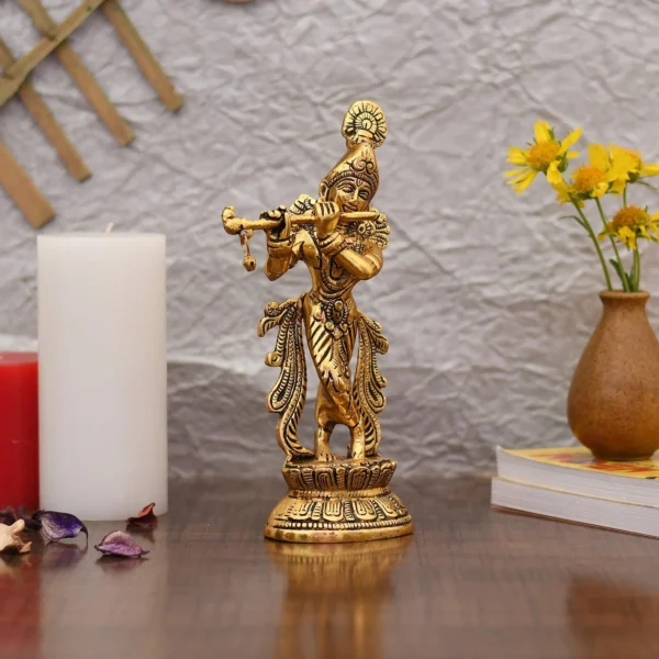 Metal Standing On Base Krishna Playing Flute Idol Statue Kbs145 - Image 3