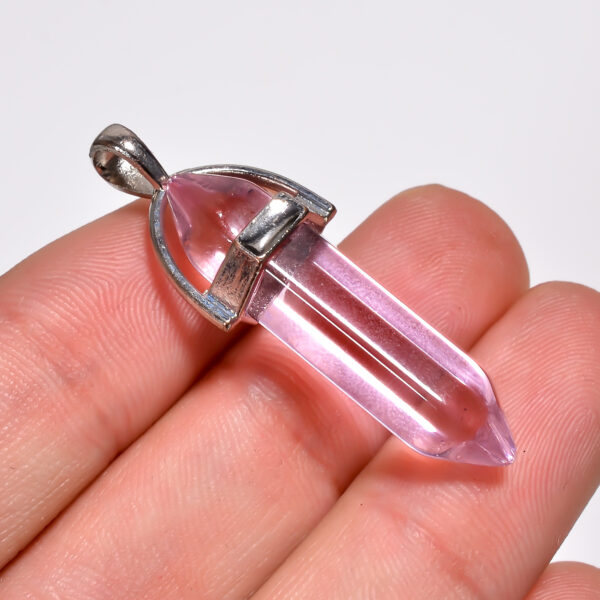Ethnic Elegance: Pink Amethyst Pencil Pendant - Silver Plated Lab-Created Gem - Image 2