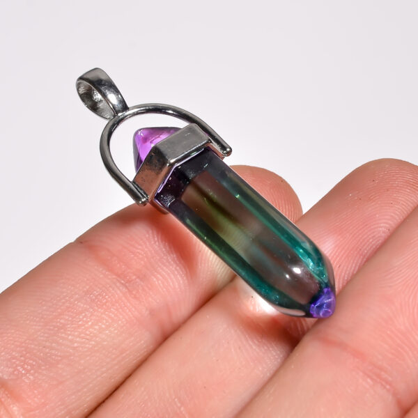 Dual Harmony: Bi-Color Tourmaline Quartz Pendant – Silver Plated Lab-Created - Image 2